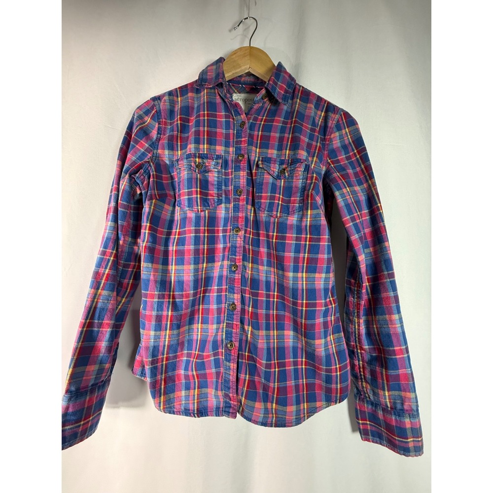 Aeropostale Womens Blue Pink Plaid Flannel Button Down Shirt Small 8602AF11